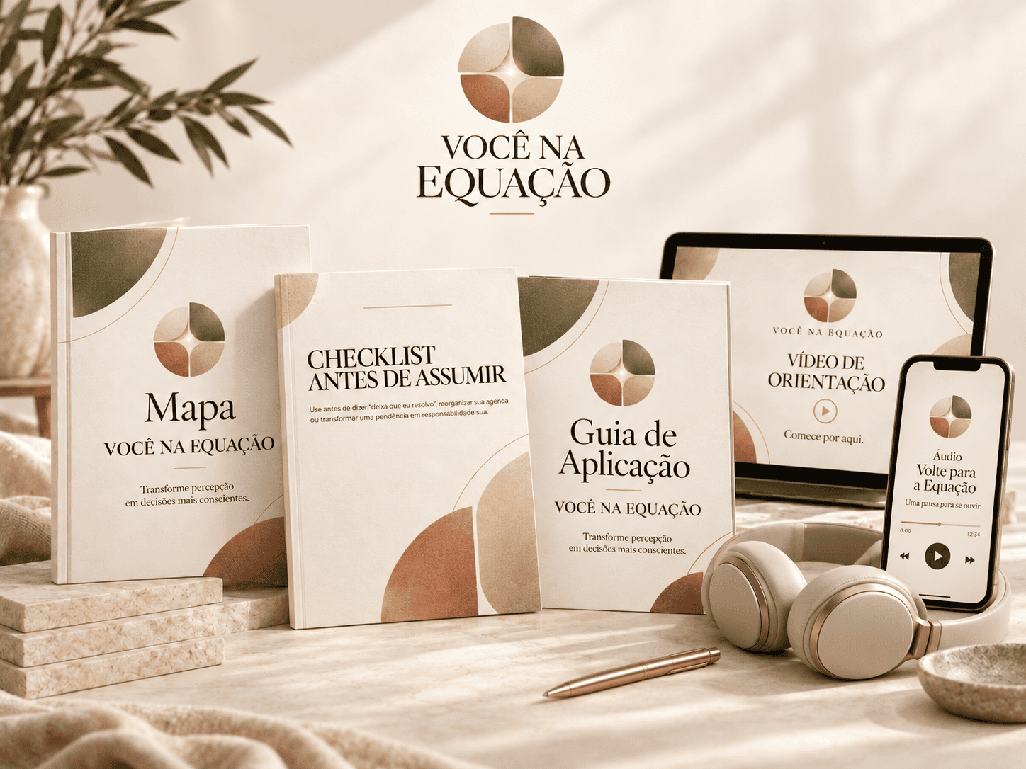 Mockup dos materiais do Você na Equação: vídeo, mapa, checklist, guia e áudio